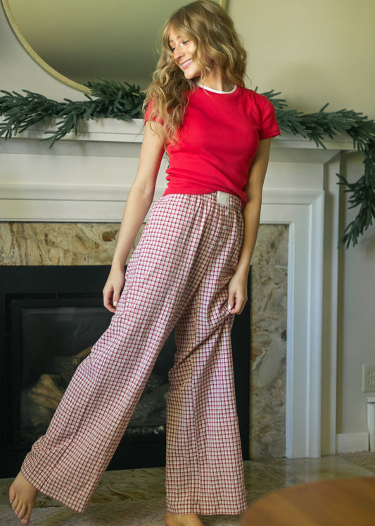 Gingham Elastic Waist Pants FF Pants