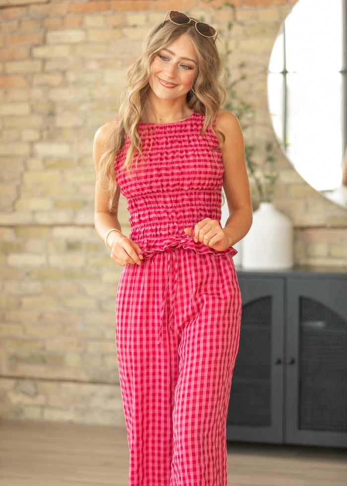 Gingham Smocked Top & Pants Set FF Tops