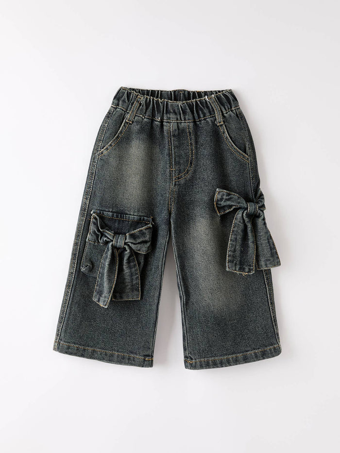 Girls Bow Stretch Wide-Leg Jeans No Belt