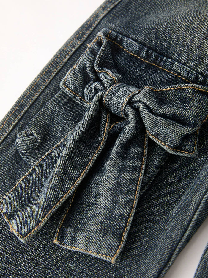 Girls Bow Stretch Wide-Leg Jeans No Belt