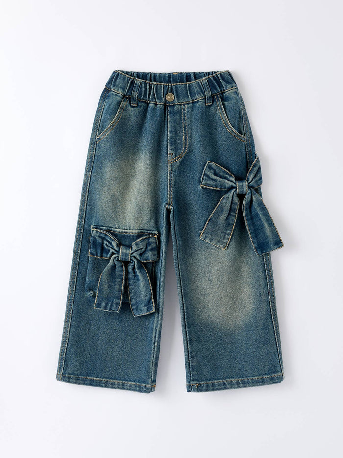Girls Bow Stretch Wide-Leg Jeans No Belt