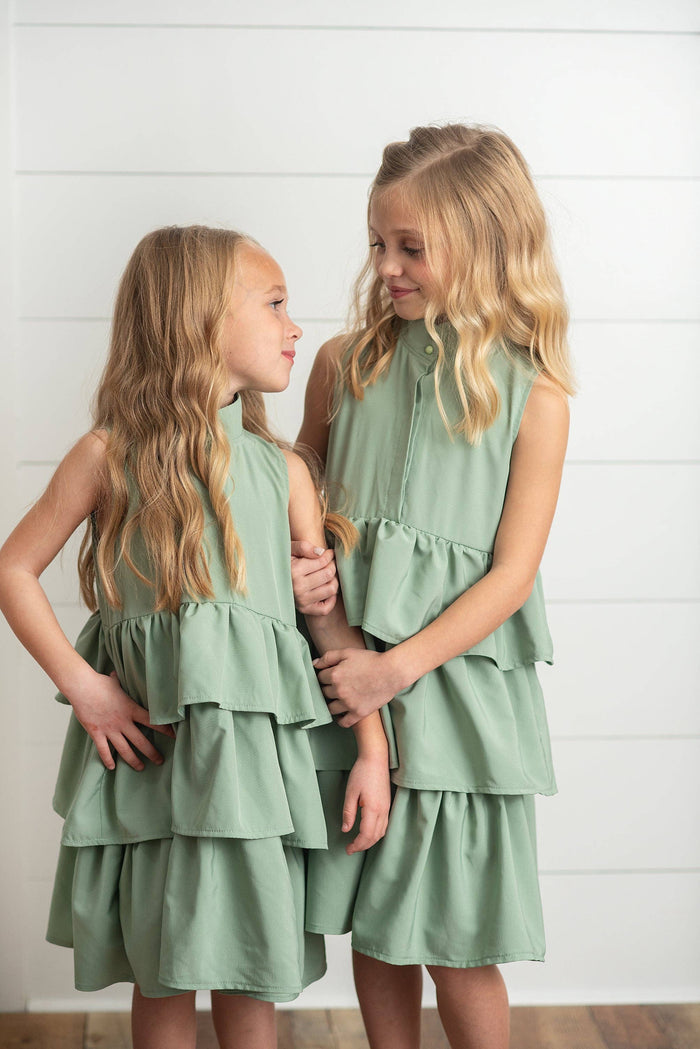 Girls Mint Ruffle Layered High Neck Summer Dress