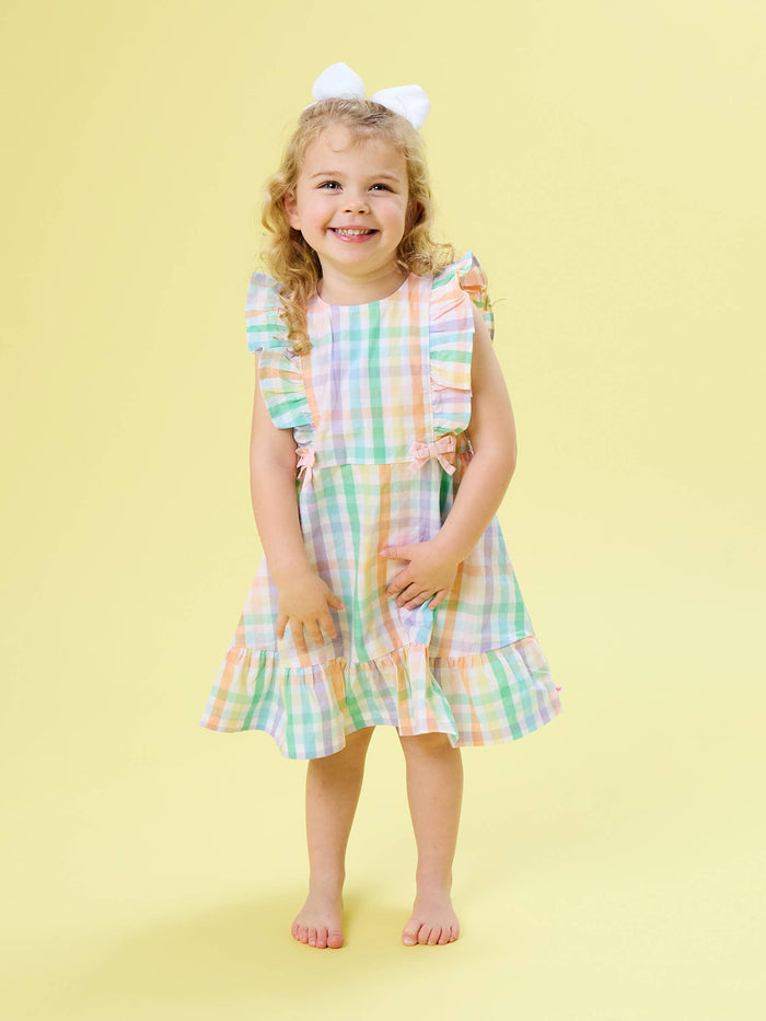 Girls Poppy Rainbow Plaid Pinafore Bow Dress
