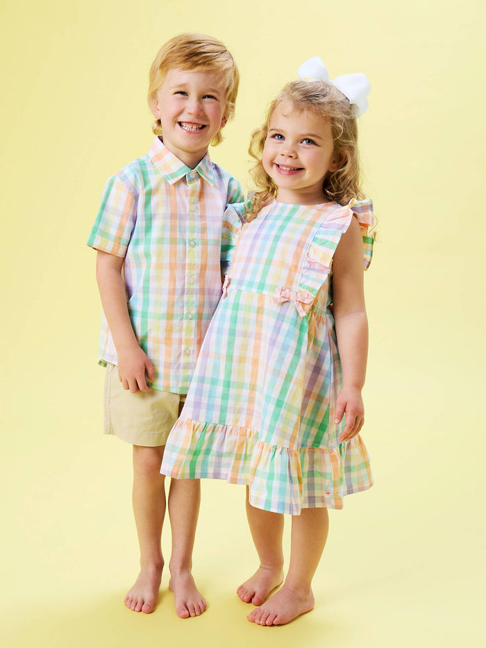 Girls Poppy Rainbow Plaid Pinafore Bow Dress
