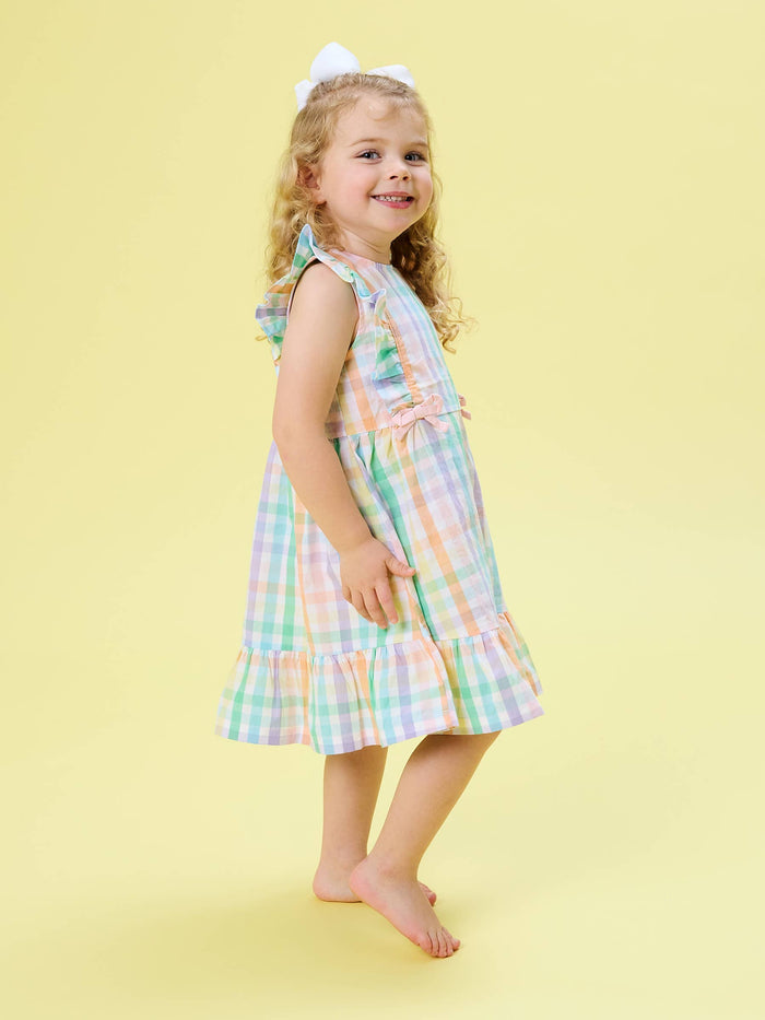Girls Poppy Rainbow Plaid Pinafore Bow Dress