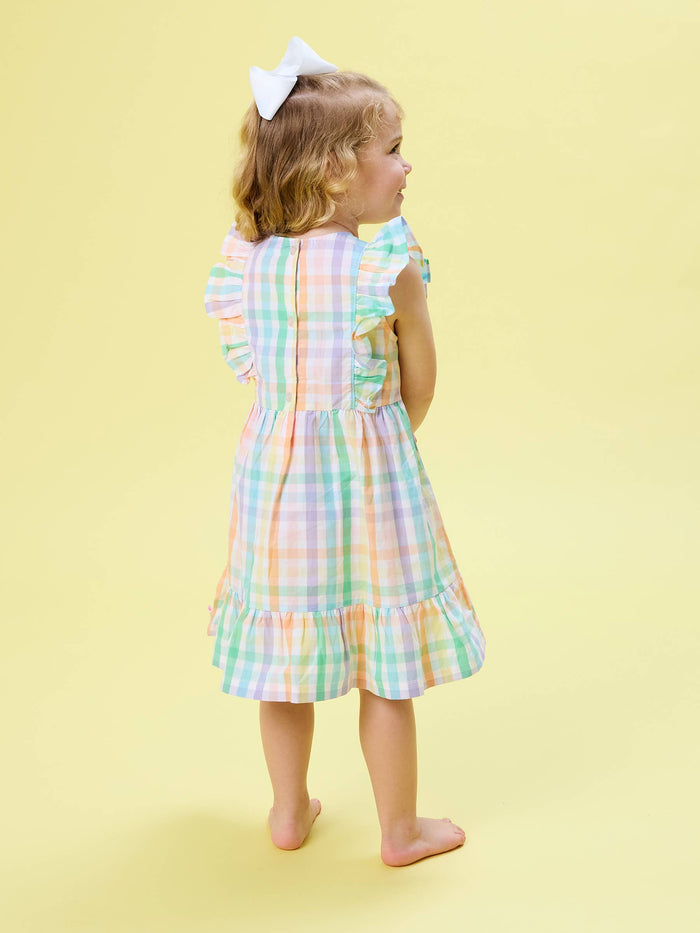 Girls Poppy Rainbow Plaid Pinafore Bow Dress