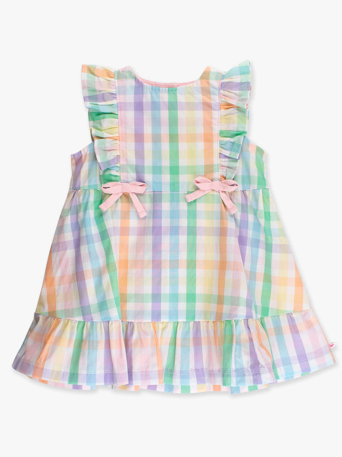 Girls Poppy Rainbow Plaid Pinafore Bow Dress