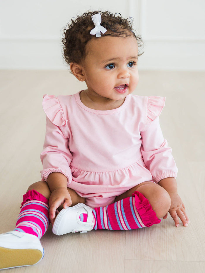 Girls Very Berry & Periwinkle Stripe, Pink, and White 3-Pack Knee High Ruffle Socks