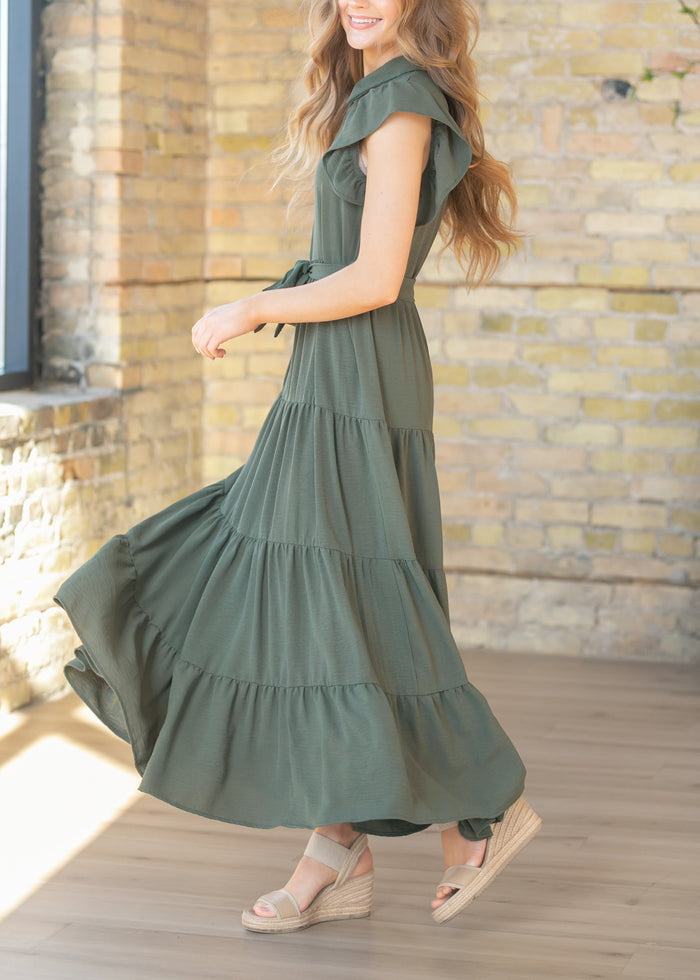 Goldie Green Short Sleeved Tiered Maxi Dress FF Dresses