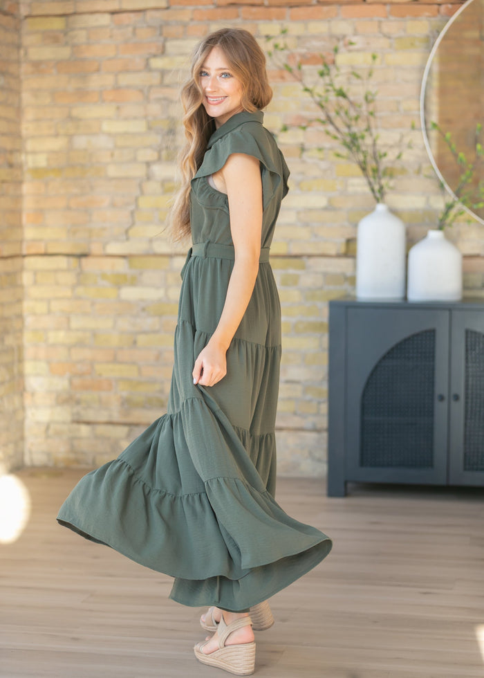 Goldie Green Short Sleeved Tiered Maxi Dress FF Dresses