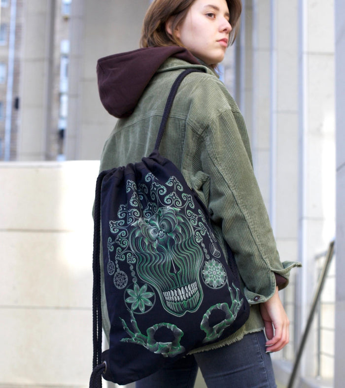 Gulgalta Drawstring Bag - ornate skull design with swirling patterns by Symbolika