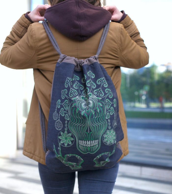 Gulgalta Drawstring Bag - Skull memento mori art in green tones by Symbolika