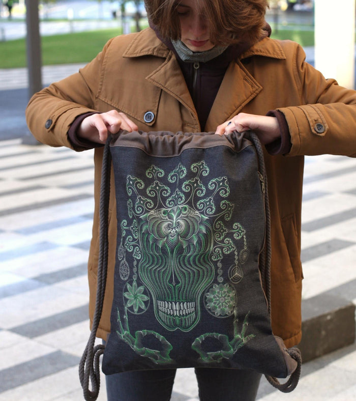 Gulgalta Drawstring Bag Psychedelic Art Print on Black T-Shirt by Symbolika