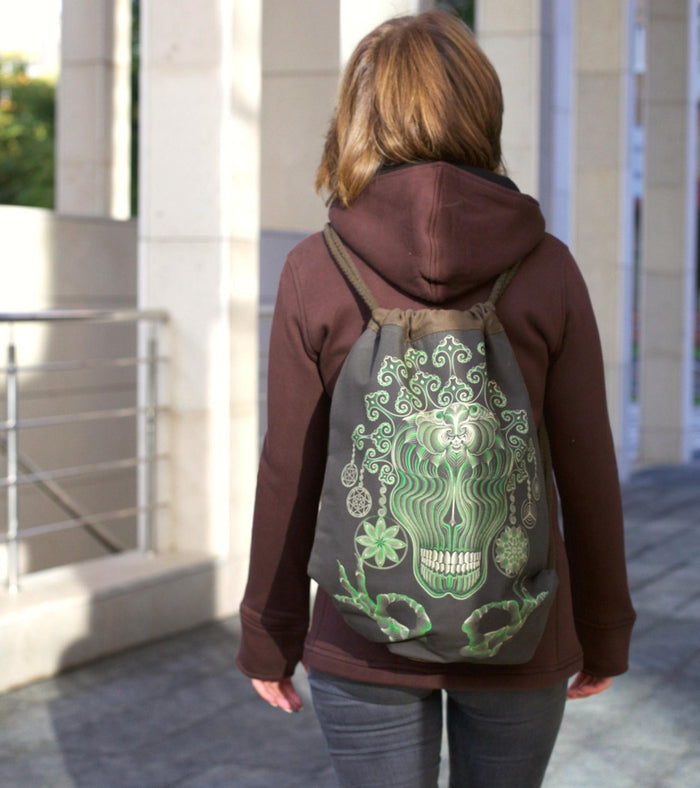 Gulgalta Drawstring Bag - Green skull art on grey canvas by Symbolika
