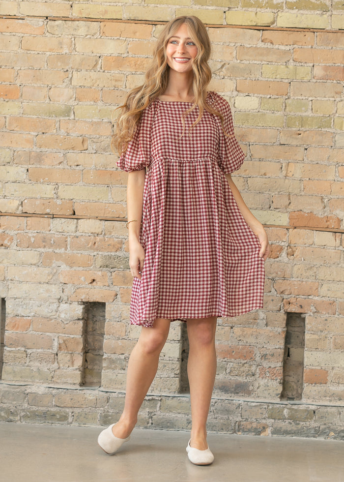 Hayes Red Gingham Puff Sleeve Midi Dress FF Dresses