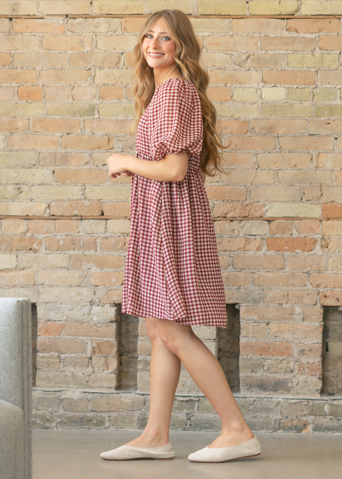 Hayes Red Gingham Puff Sleeve Midi Dress FF Dresses