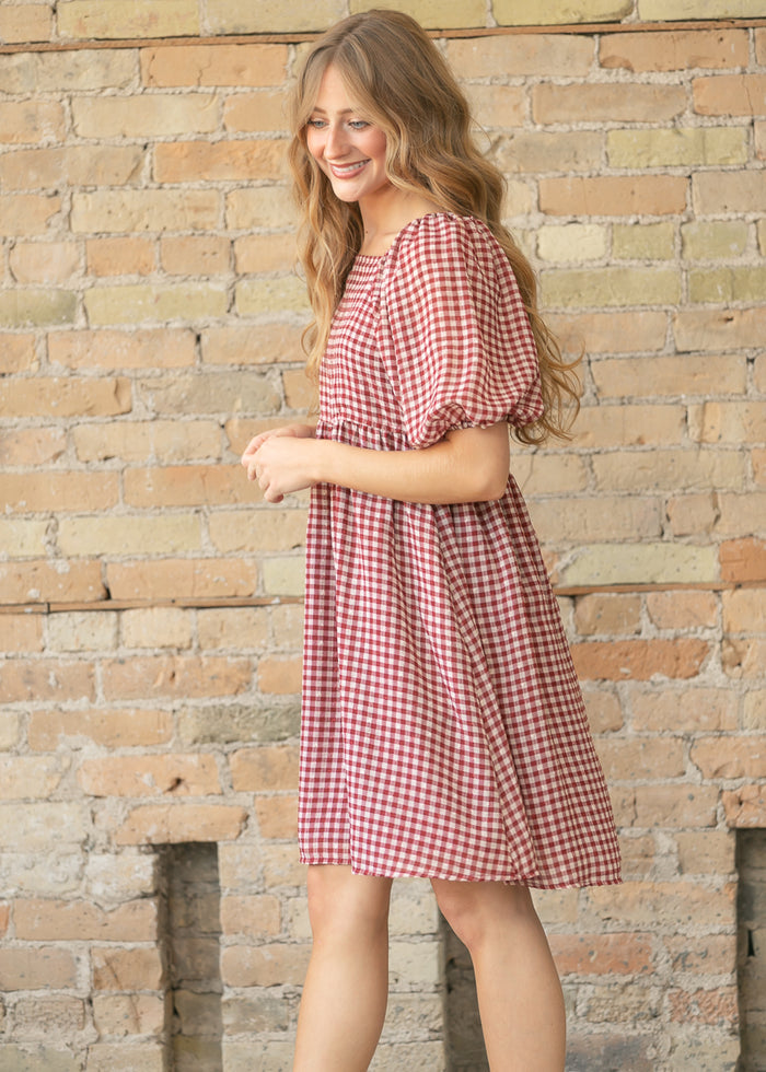 Hayes Red Gingham Puff Sleeve Midi Dress FF Dresses