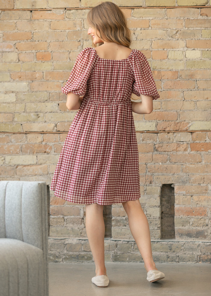 Hayes Red Gingham Puff Sleeve Midi Dress FF Dresses