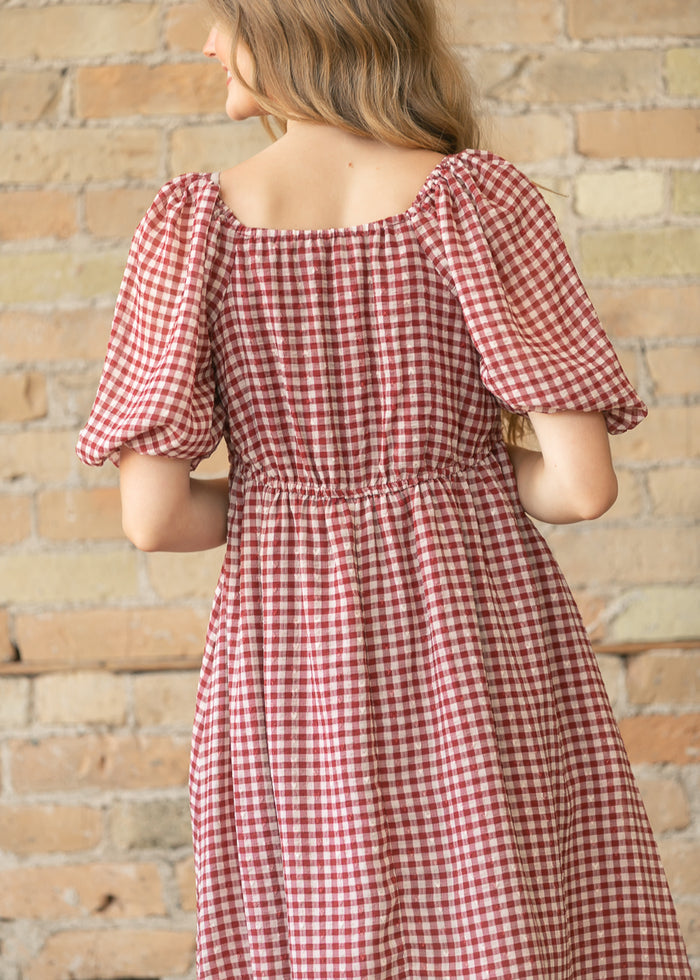 Hayes Red Gingham Puff Sleeve Midi Dress FF Dresses