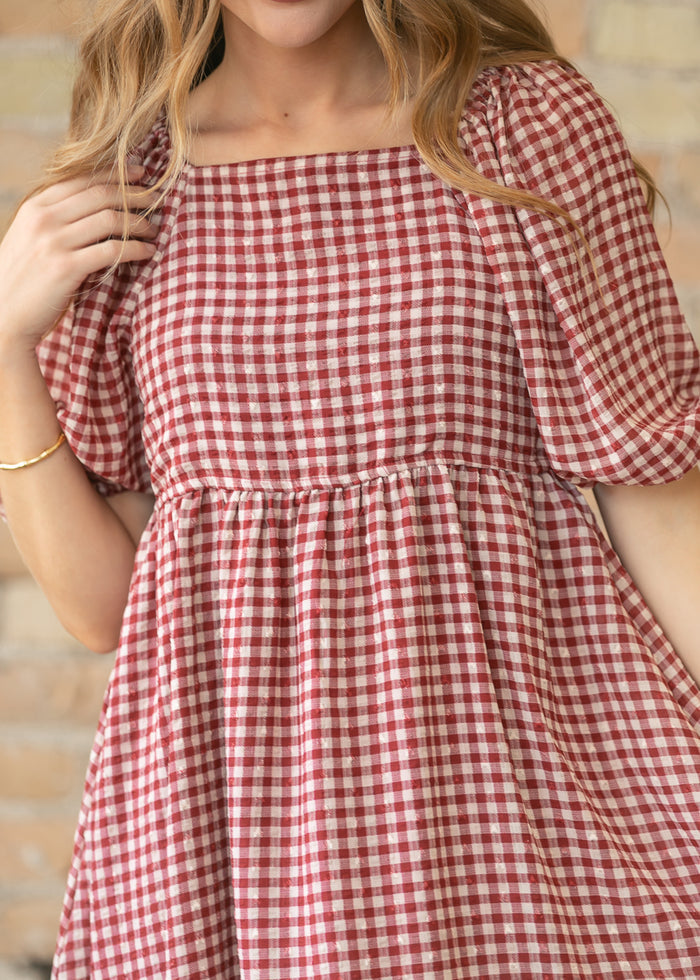 Hayes Red Gingham Puff Sleeve Midi Dress FF Dresses