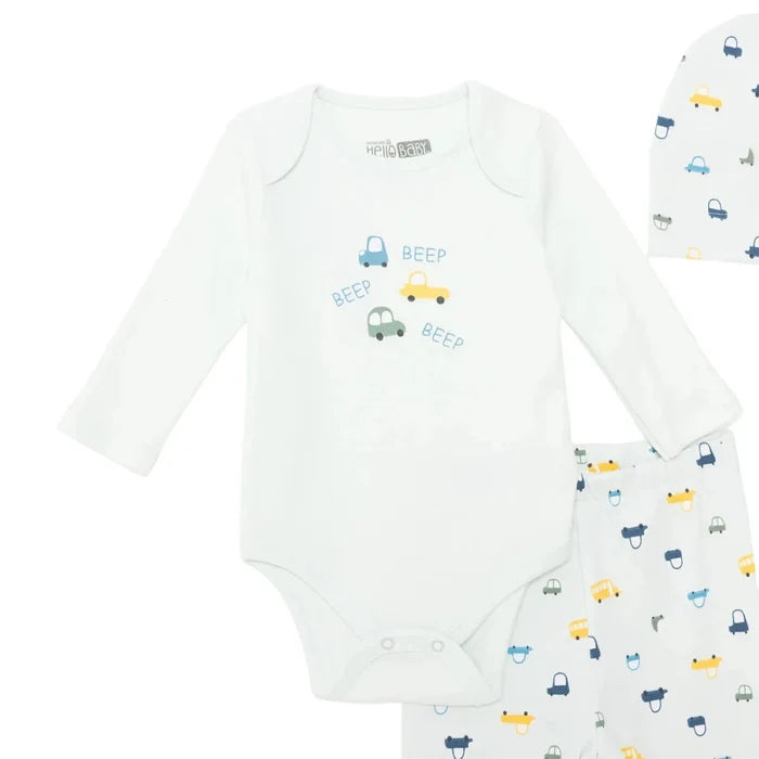 HelloBaby Boys Body - Footed Bottom - Hat Vehicles with Poppers Crew Neck Long Leg Long Sleeve - Light Blue Light Blue - ebebek