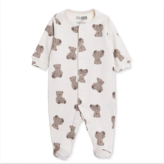 HelloBaby Boys Footed Sleepsuit Animal Print Zip Fastening Crew Neck Full Length Long Sleeve - Beige Beige - ebebek