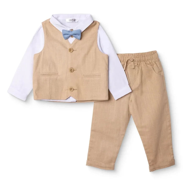 HelloBaby Boys Shirt Trousers & Waistcoat Set Buttoned Smart Line Shirt Collar Full Length Long Slee - Beige Beige - ebebek