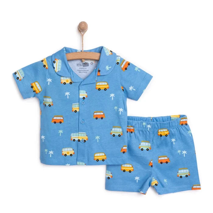 HelloBaby Boys Short Sleeve Pyjamas Set Vehicles with Buttons Peter - Pan Collar Short Leg Short Sleev - Blue Blue - ebebek
