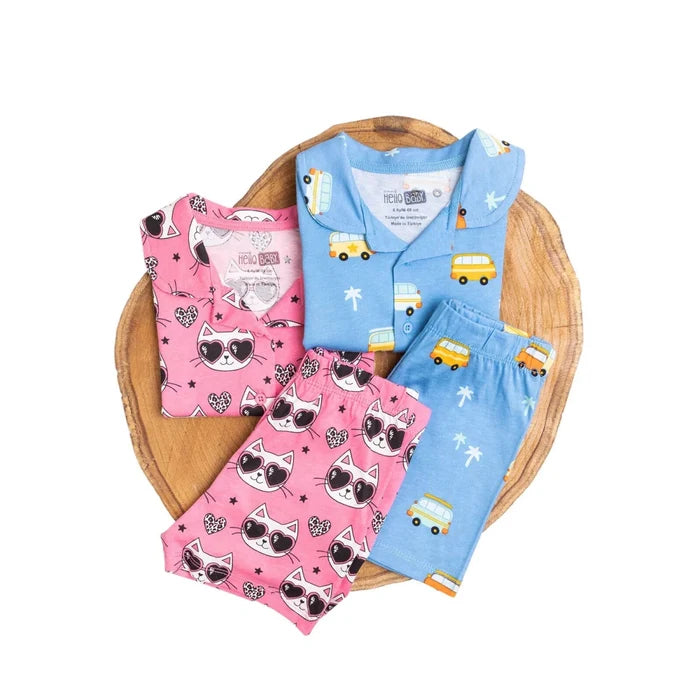 HelloBaby Boys Short Sleeve Pyjamas Set Vehicles with Buttons Peter - Pan Collar Short Leg Short Sleev - Blue Blue - ebebek