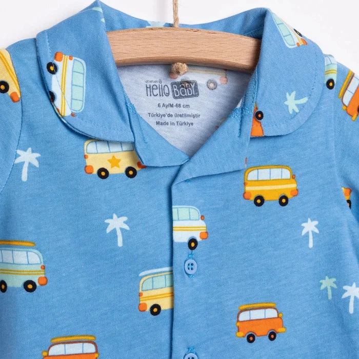 HelloBaby Boys Short Sleeve Pyjamas Set Vehicles with Buttons Peter - Pan Collar Short Leg Short Sleev - Blue Blue - ebebek