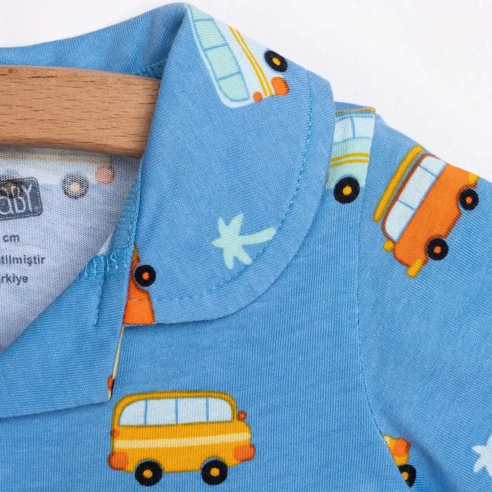HelloBaby Boys Short Sleeve Pyjamas Set Vehicles with Buttons Peter - Pan Collar Short Leg Short Sleev - Blue Blue - ebebek