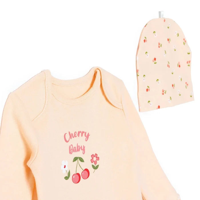HelloBaby Girls Body - Footed Bottom - Hat Cherry with Poppers Crew Neck Long Leg Long Sleeve - Light Pink Light Pink - ebebek