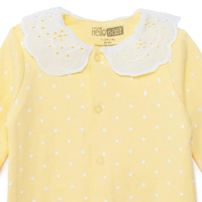 HelloBaby Girls Footed Sleepsuit Polka Dot Print Snap Fastening Lace Collar Full Length Long Sleeve - Yellow Yellow - ebebek