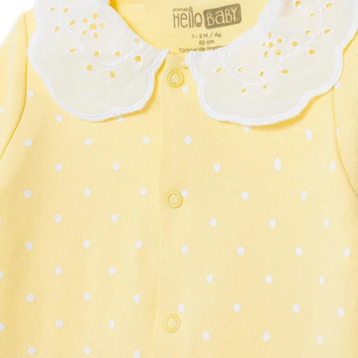 HelloBaby Girls Footed Sleepsuit Polka Dot Print Snap Fastening Lace Collar Full Length Long Sleeve - Yellow Yellow - ebebek