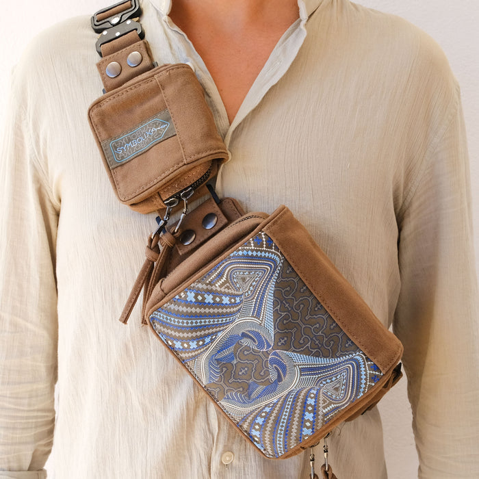 Shipibo psychedelic belt bag - traditional healing song patterns in blue and white by Symbolika