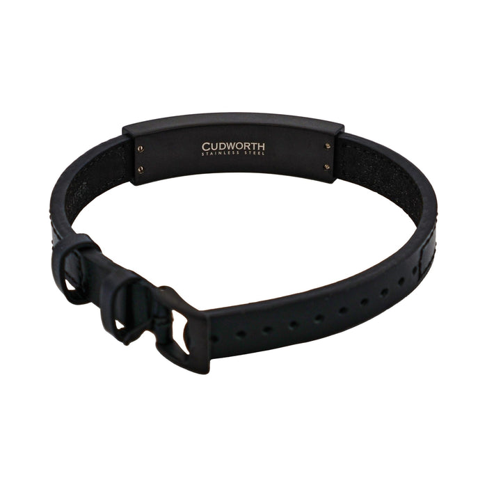 Ion Plated Antique Black Stainless Steel Bracelet with Rusted Steel Inlay on Adjustable Leather Strap