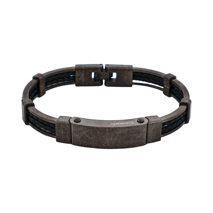Ion Plated Antique Gun Metal Stainless Steel & Black Leather Bracelet