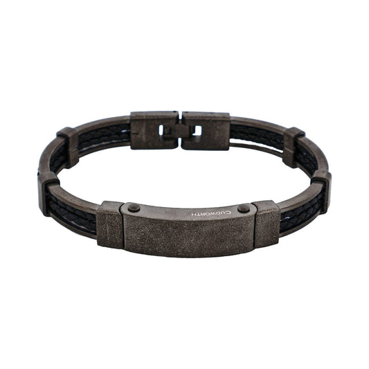 Ion Plated Antique Gun Metal Stainless Steel & Black Leather Bracelet