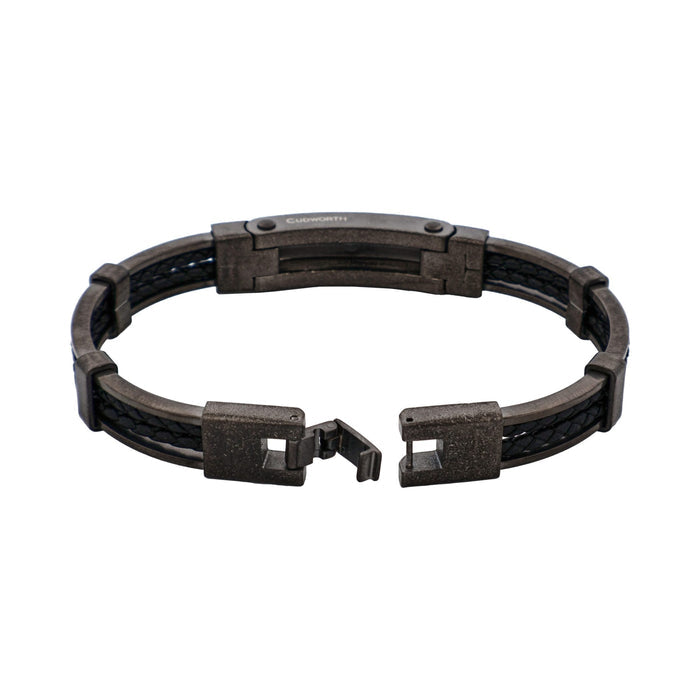 Ion Plated Antique Gun Metal Stainless Steel & Black Leather Bracelet