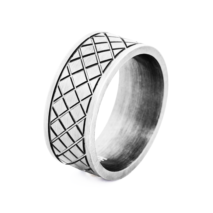 Ion Plated Antique Gunmetal Cross Pattern Stainless Steel Ring