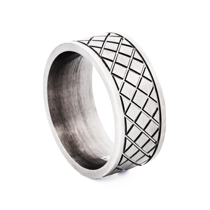 Ion Plated Antique Gunmetal Cross Pattern Stainless Steel Ring