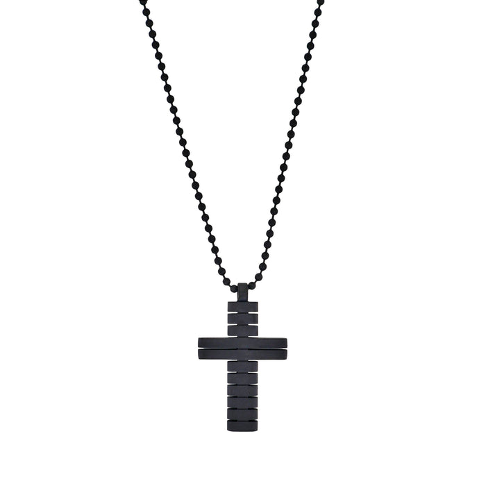 Ion Plated Black Horizontal Stripe Stainless Steel Cross Pendant on Ball Chain