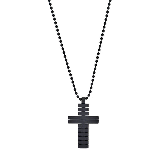 Ion Plated Black Horizontal Stripe Stainless Steel Cross Pendant on Ball Chain