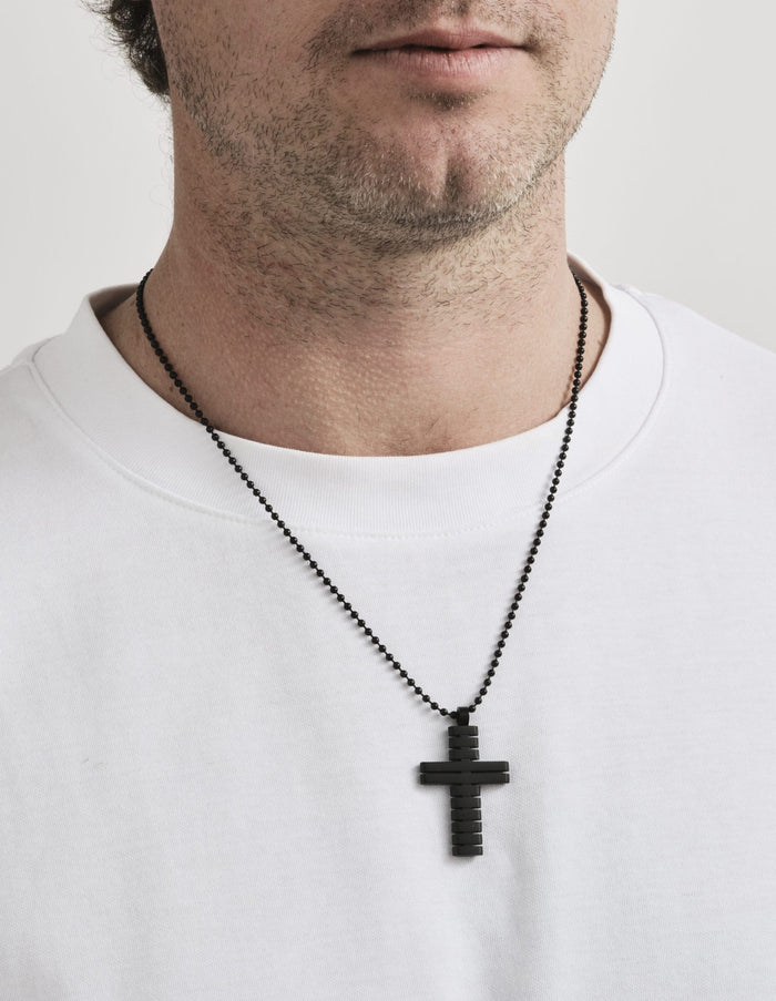 Ion Plated Black Horizontal Stripe Stainless Steel Cross Pendant on Ball Chain