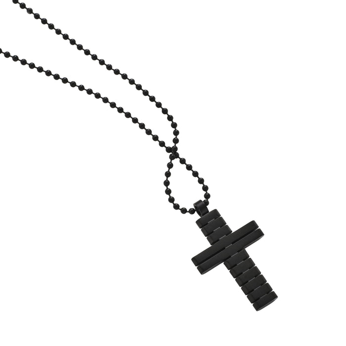 Ion Plated Black Horizontal Stripe Stainless Steel Cross Pendant on Ball Chain
