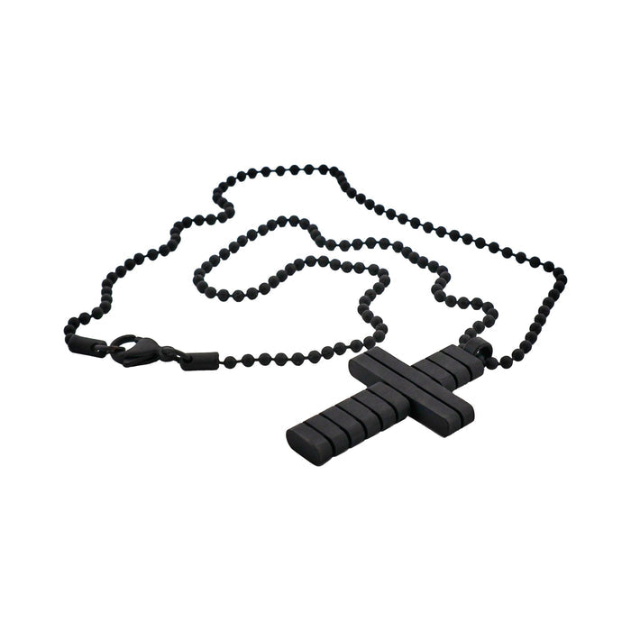 Ion Plated Black Horizontal Stripe Stainless Steel Cross Pendant on Ball Chain