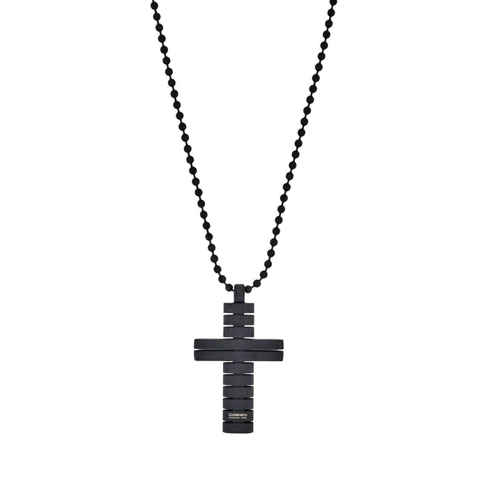 Ion Plated Black Horizontal Stripe Stainless Steel Cross Pendant on Ball Chain