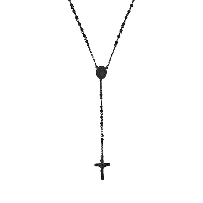 Ion Plated Black Stainless Steel & Black Agate Rosary Bead Cross Pendant