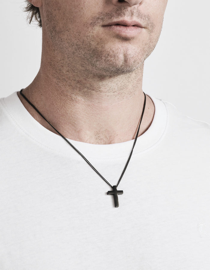 Ion Plated Black Stainless Steel Cross and Ion Plated Black Curbed Link Chain