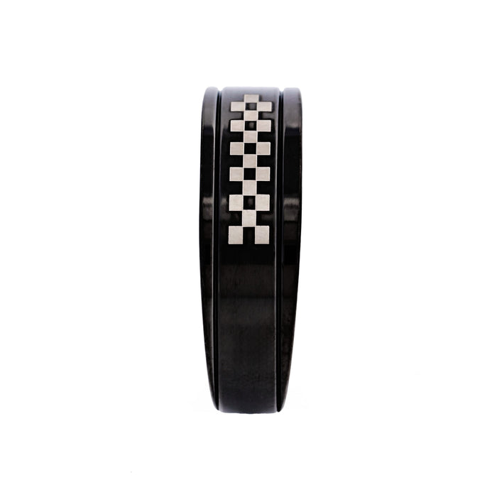 Ion Plated Black Stainless Steel Ring with Check Pattern